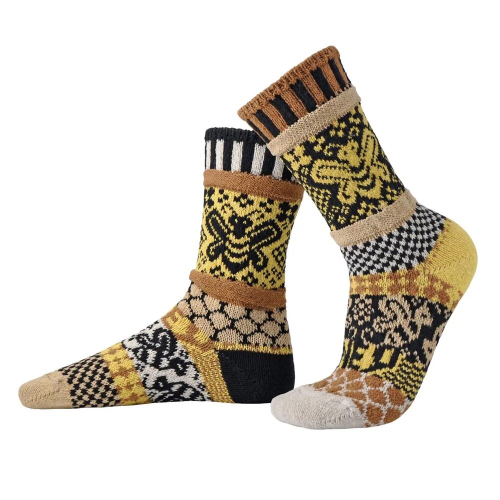 Solmate Honey Bee Mismatched Crew Socks – Unisex Large – WMN 10-12 MEN 9-11